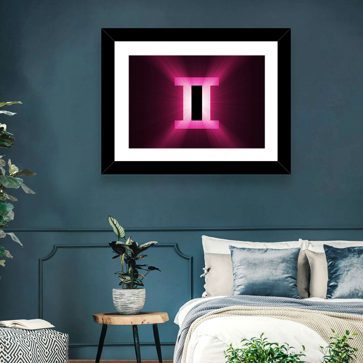 Radiant Gemini Symbol Wall Art in a room, landscape