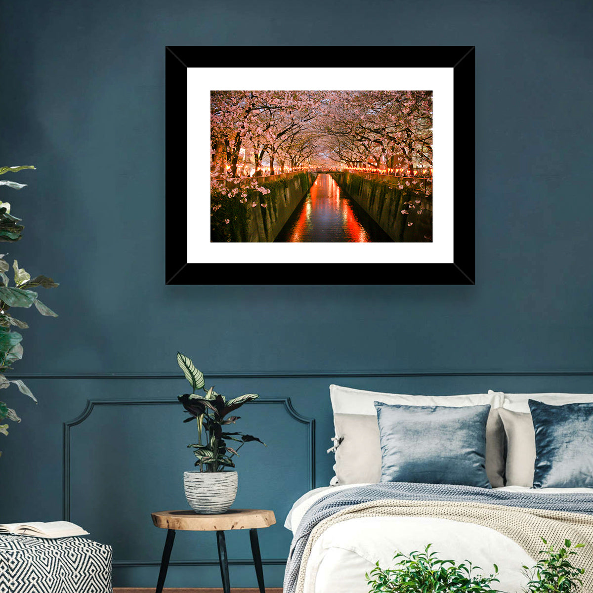 Meguro River Cherry Blossoms Wall Art in a room, landscape