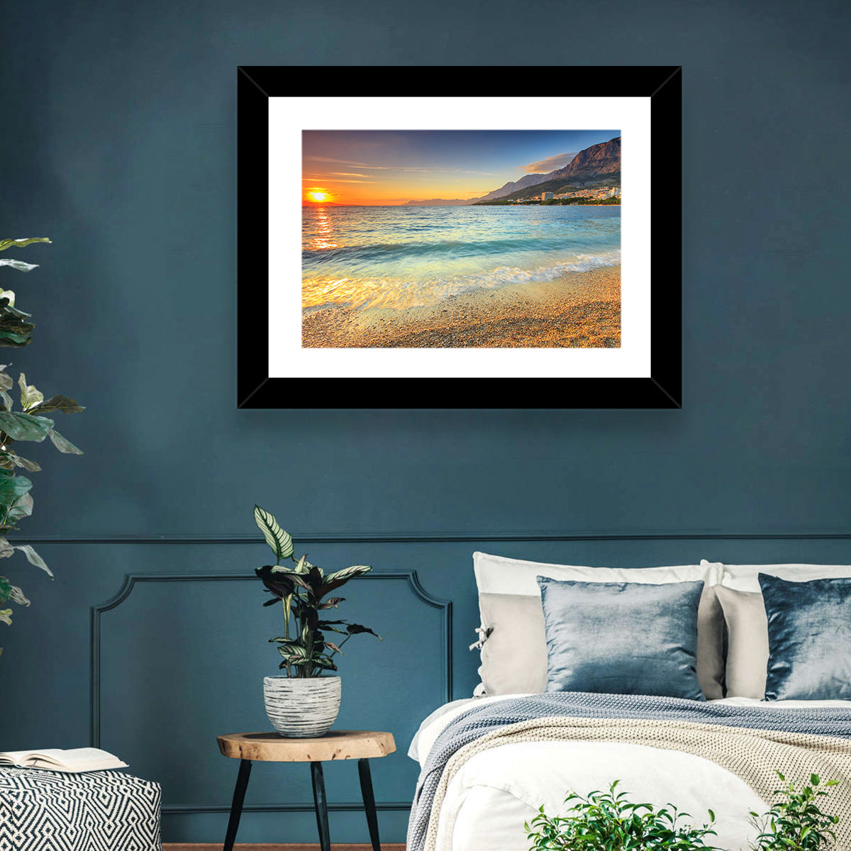 Makarska Pebble Beach Sunset Wall Art in a room, landscape