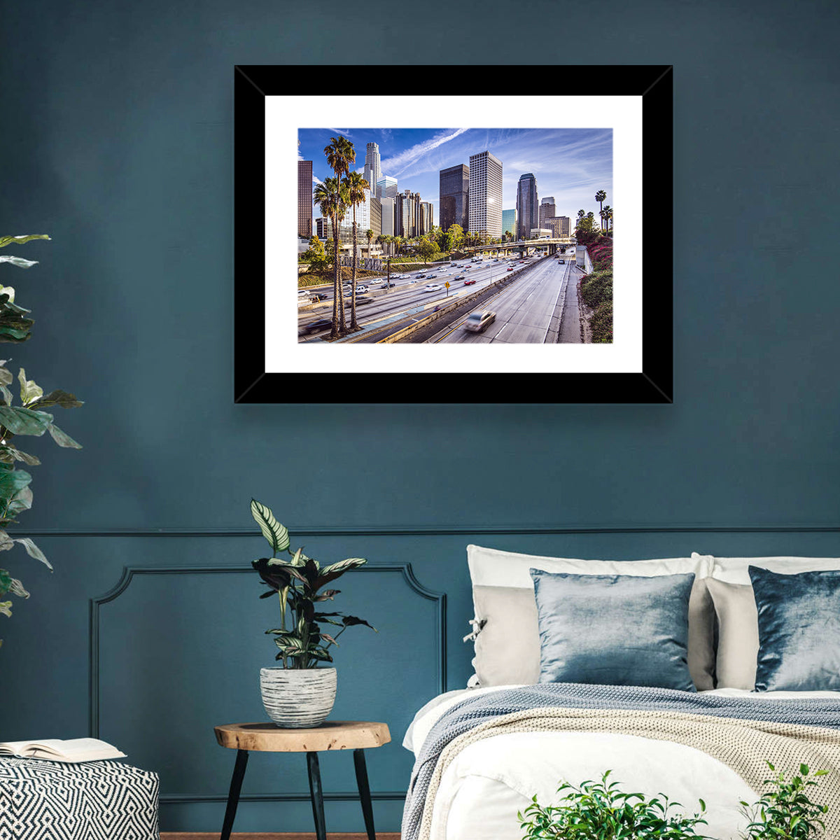 Los Angeles Freeway to Downtown Skyline Wall Art in a room, landscape