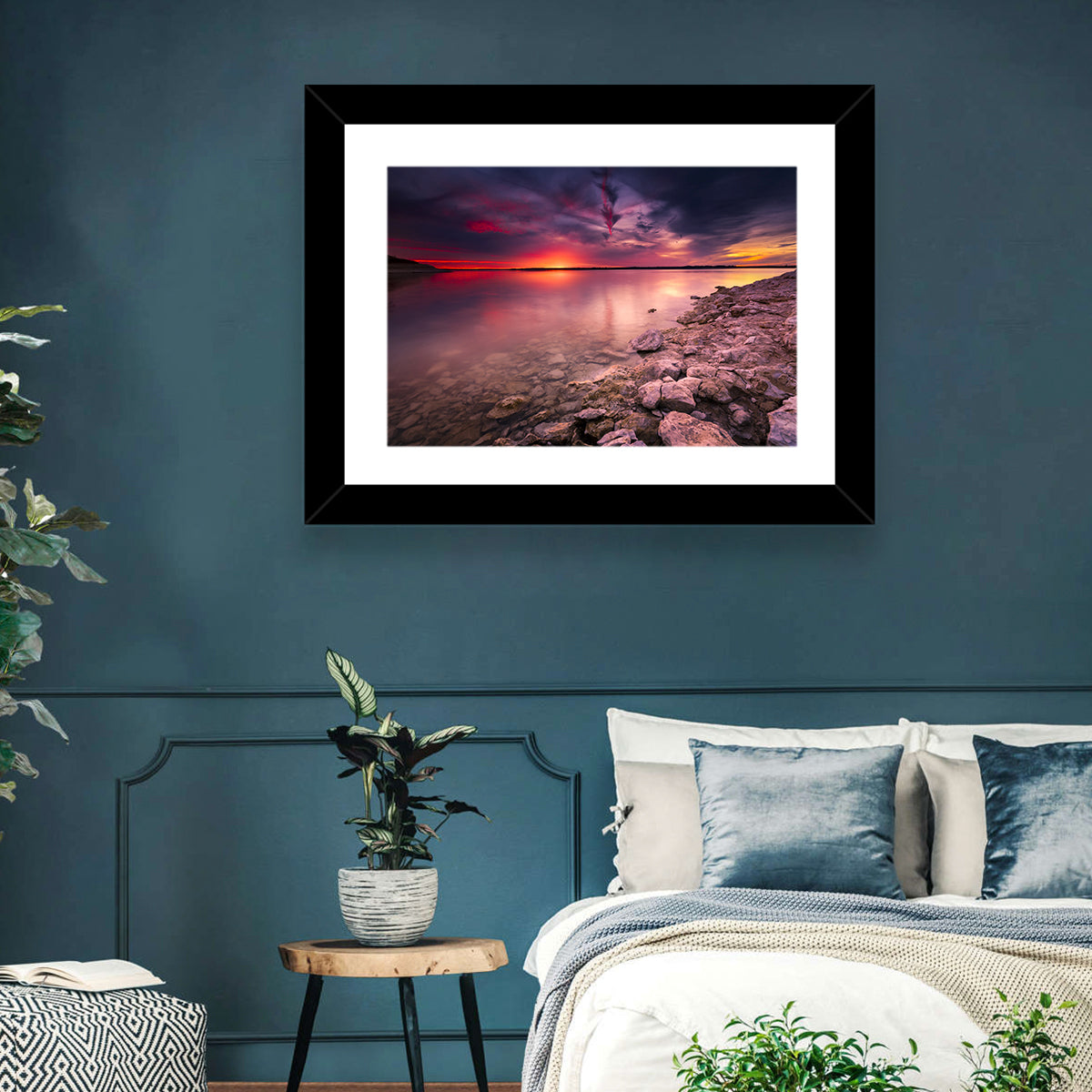 Benbrook Lake Sunset Reflection Wall Art in a room, landscape