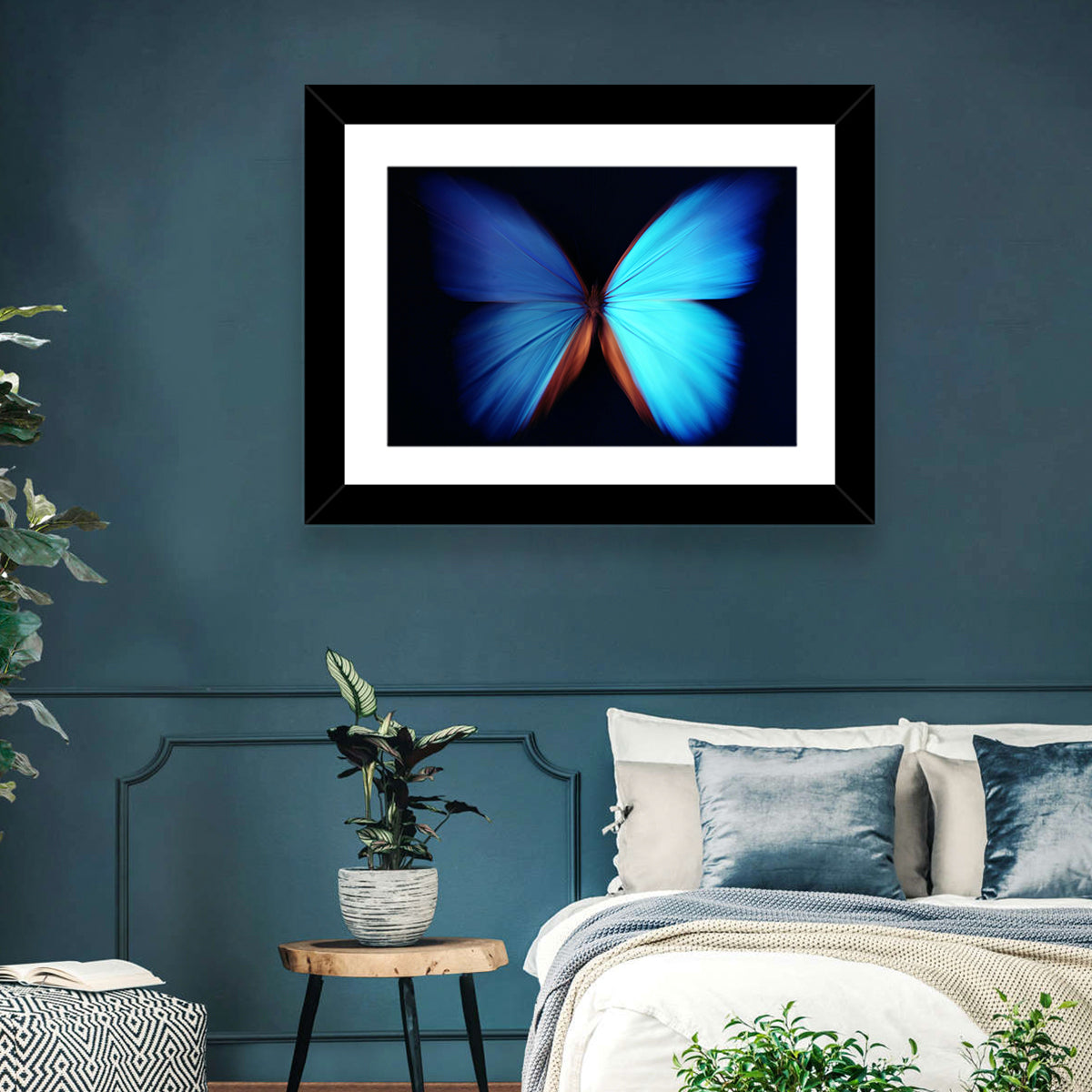 Blue Butterfly Macro Study Wall Art in a room, landscape