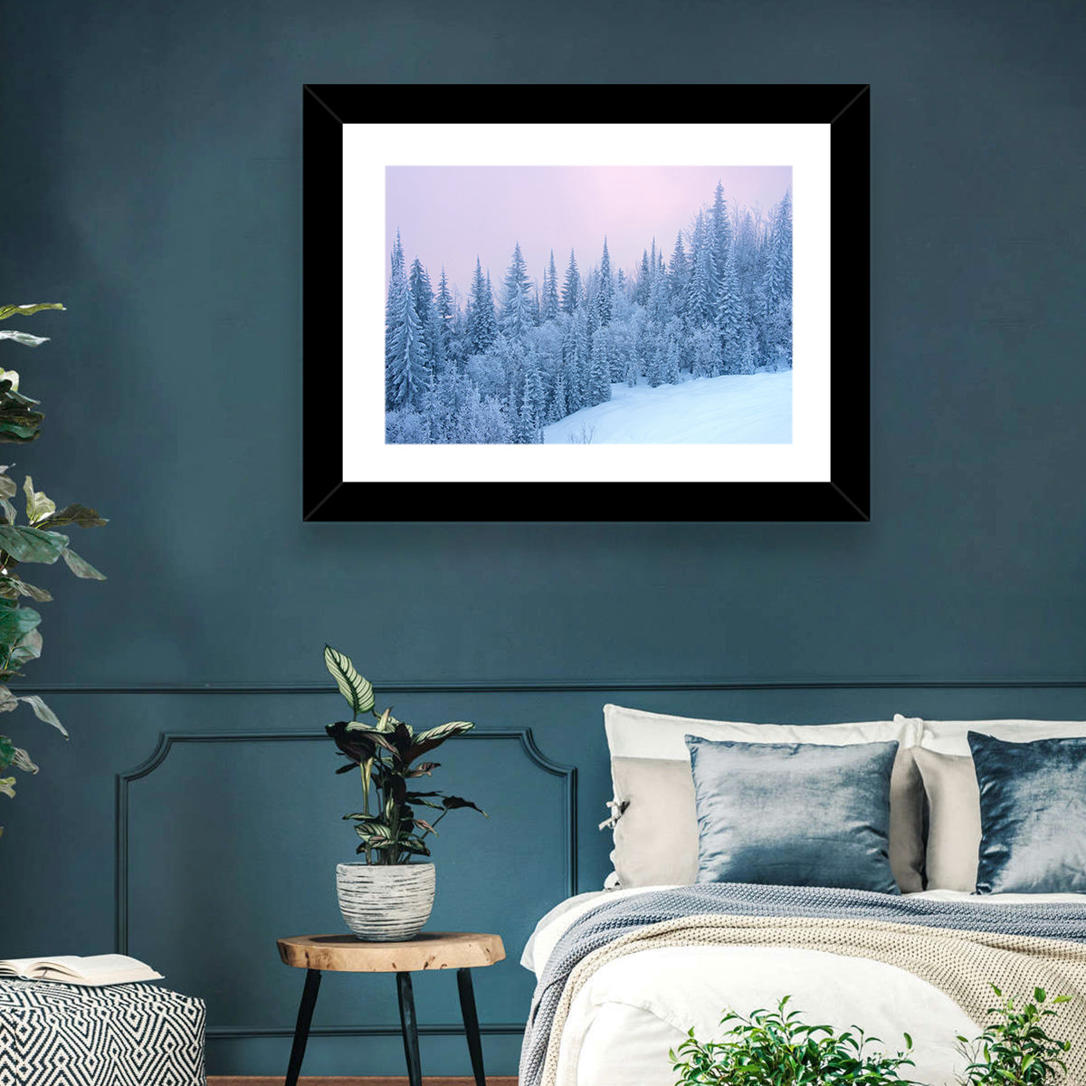 Snowy Winter Forest Wall Art in a room, landscape