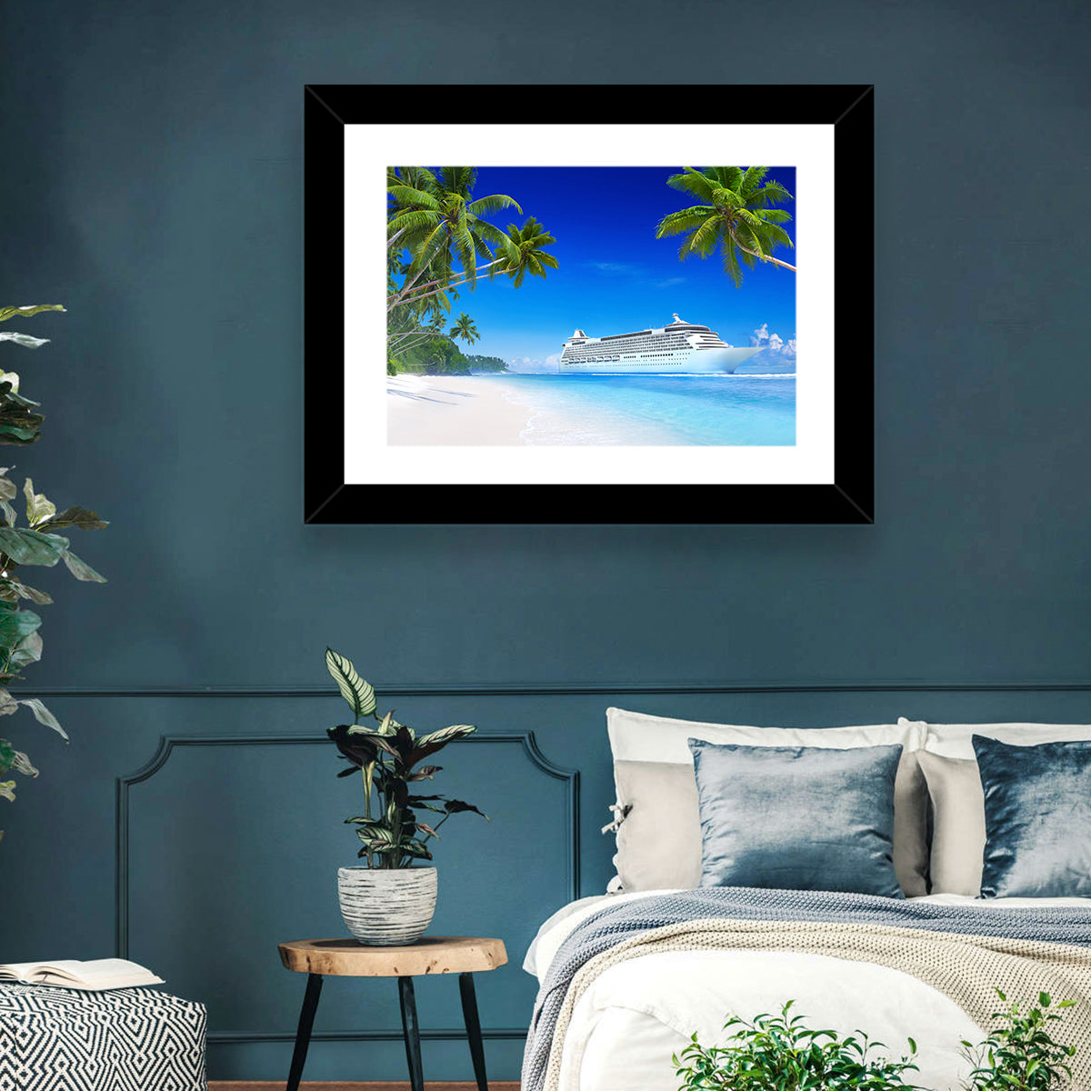 Tropical Beach Cruise Ship Shoreline Wall Art in a room, landscape