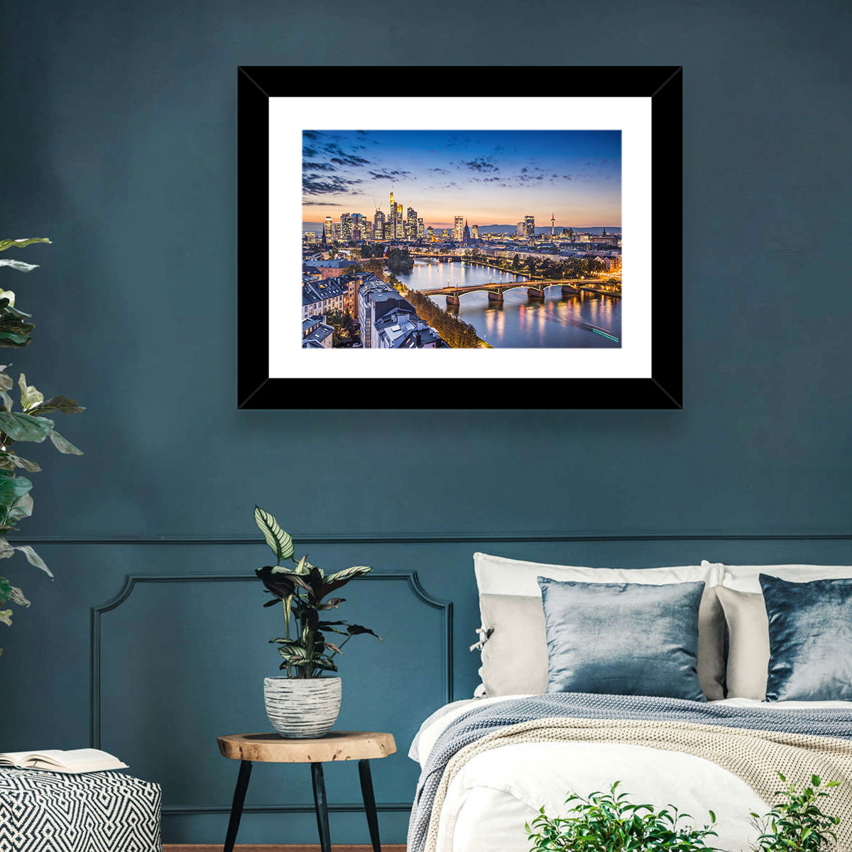 Frankfurt Twilight Skyline Wall Art in a room, landscape