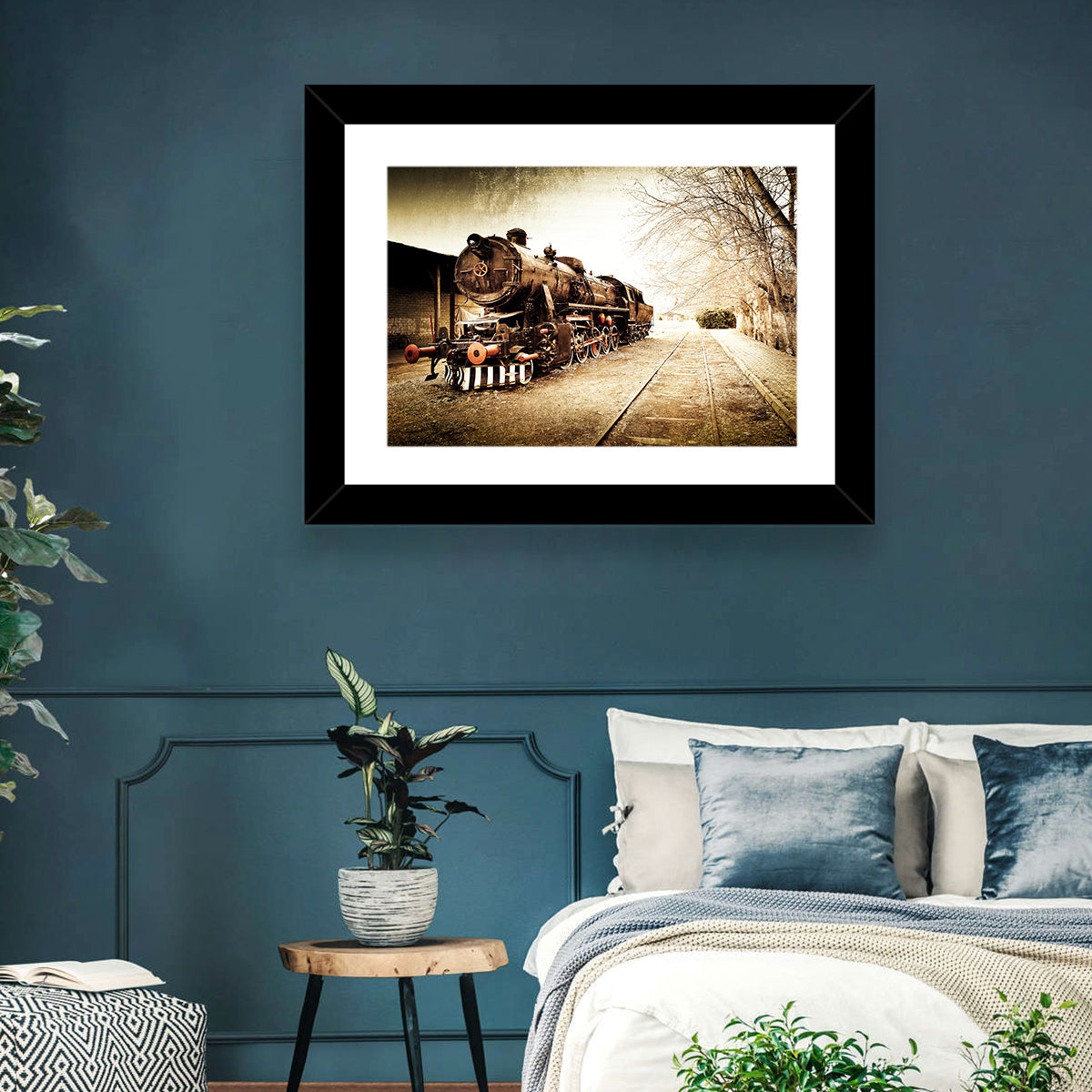 Sepia Steam Locomotive on Rusted Tracks Wall Art