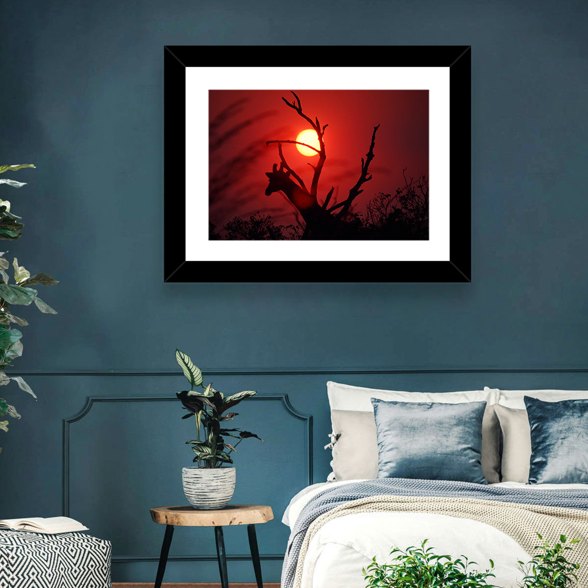 Giraffe Silhouette at Sunset Wall Art in a room, landscape