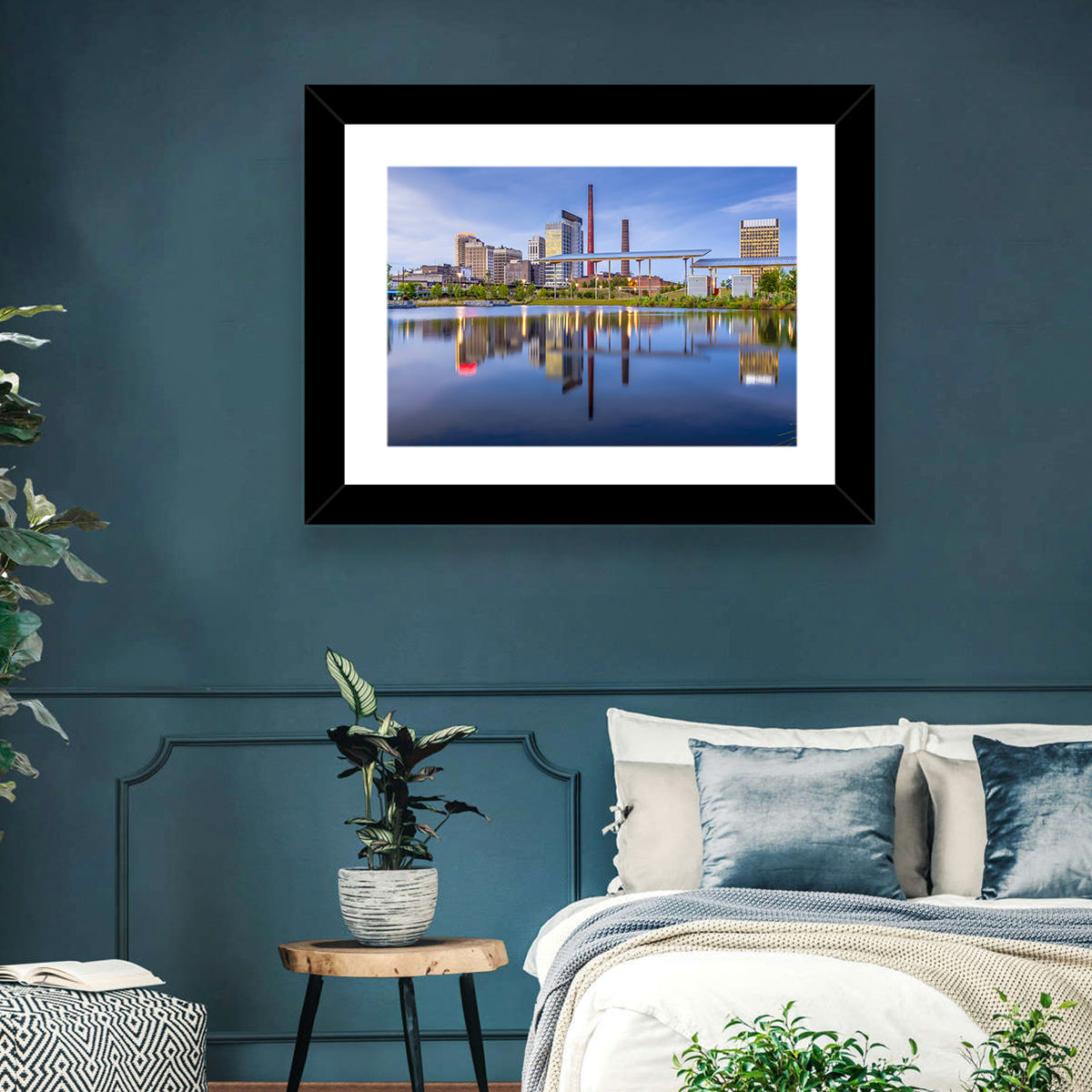 Birmingham Skyline Reflection at Twilight Wall Art in a room, landscape
