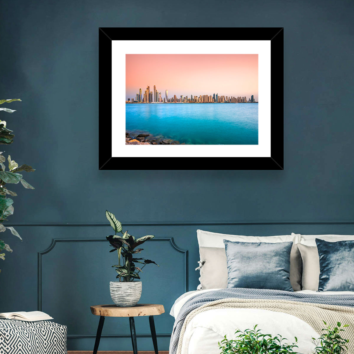 Dubai Marina Skyline Wall Art in a room, landscape