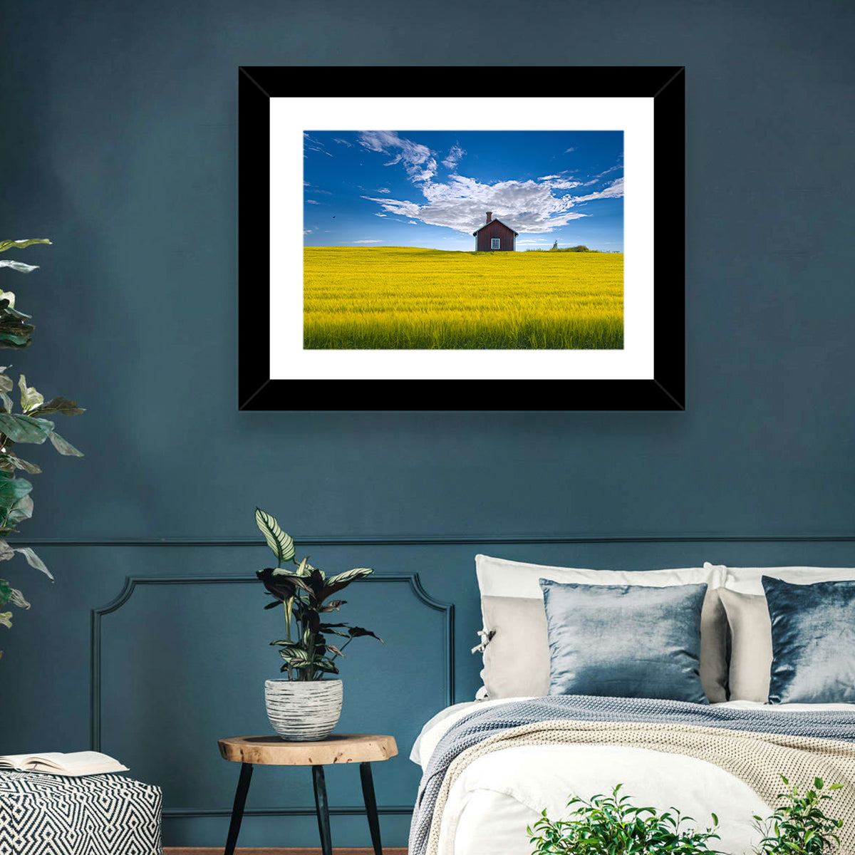 Red Barn in Golden Wheat Field Wall Art in a room, landscape