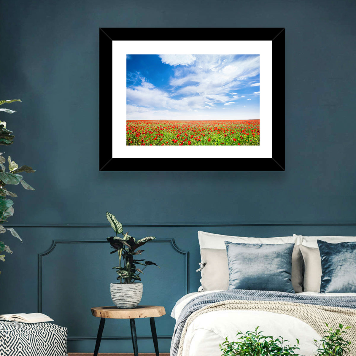 Red Poppy Field Wall Art in a room, landscape