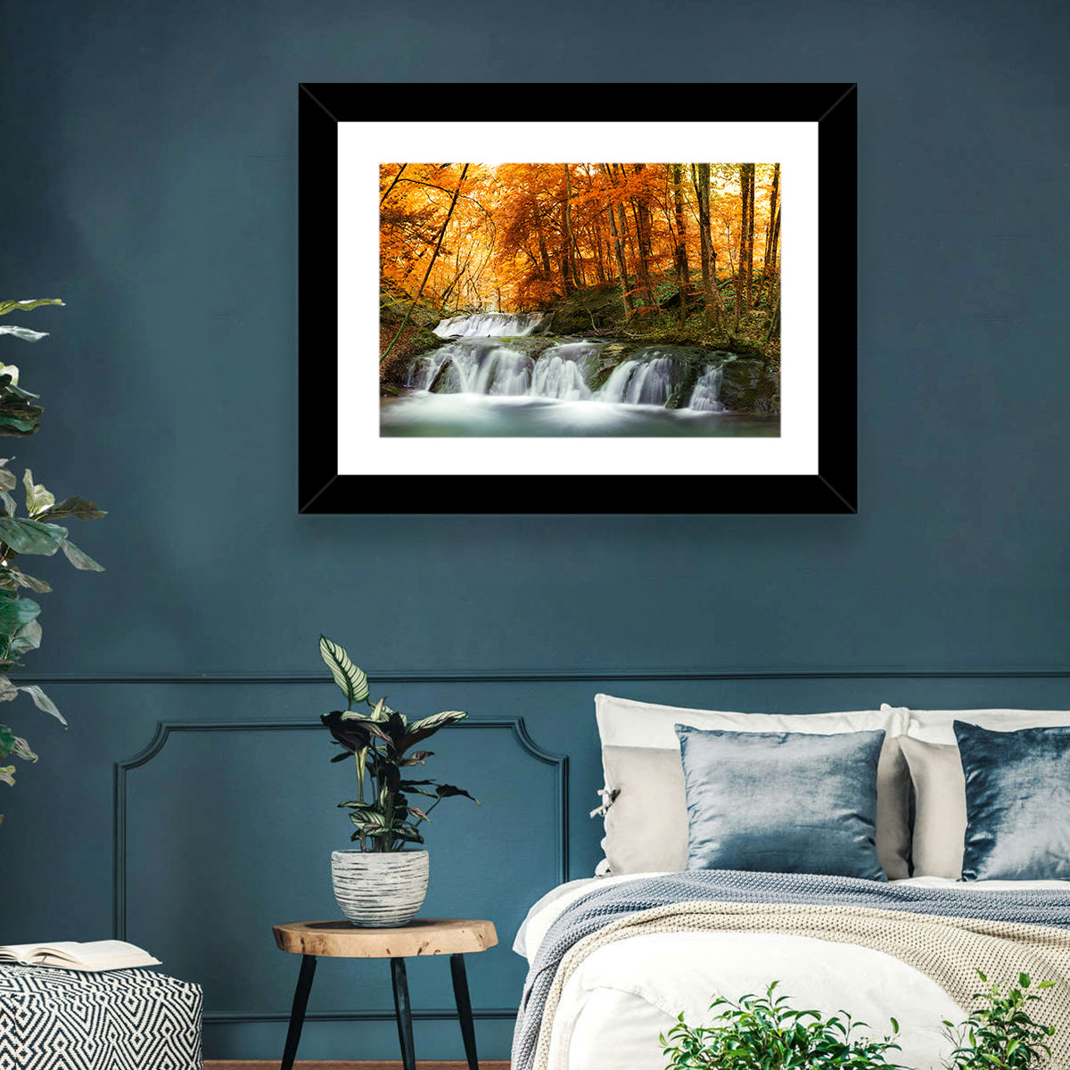 Autumn Forest Waterfall Wall Art in a room, landscape