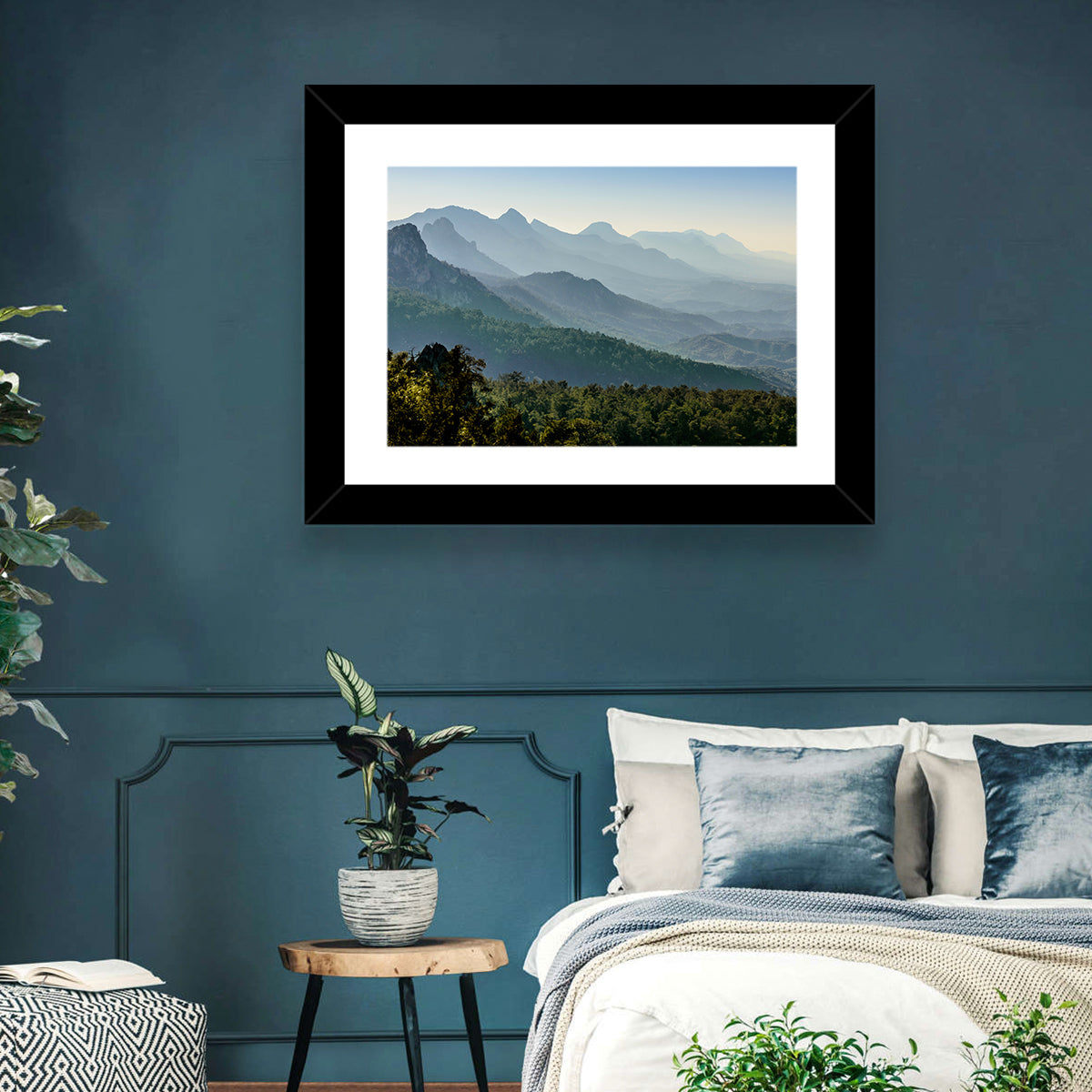 Misty Mountain Ridges Wall Art in a room, landscape