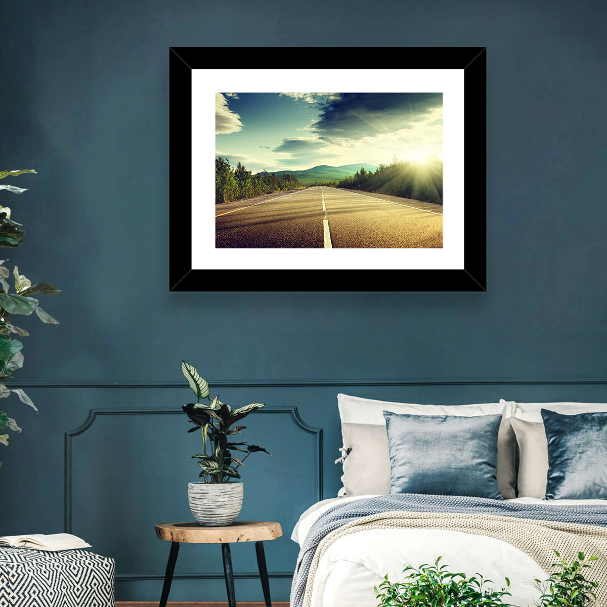 Sunlit Asphalt Road Wall Art in a room, landscape