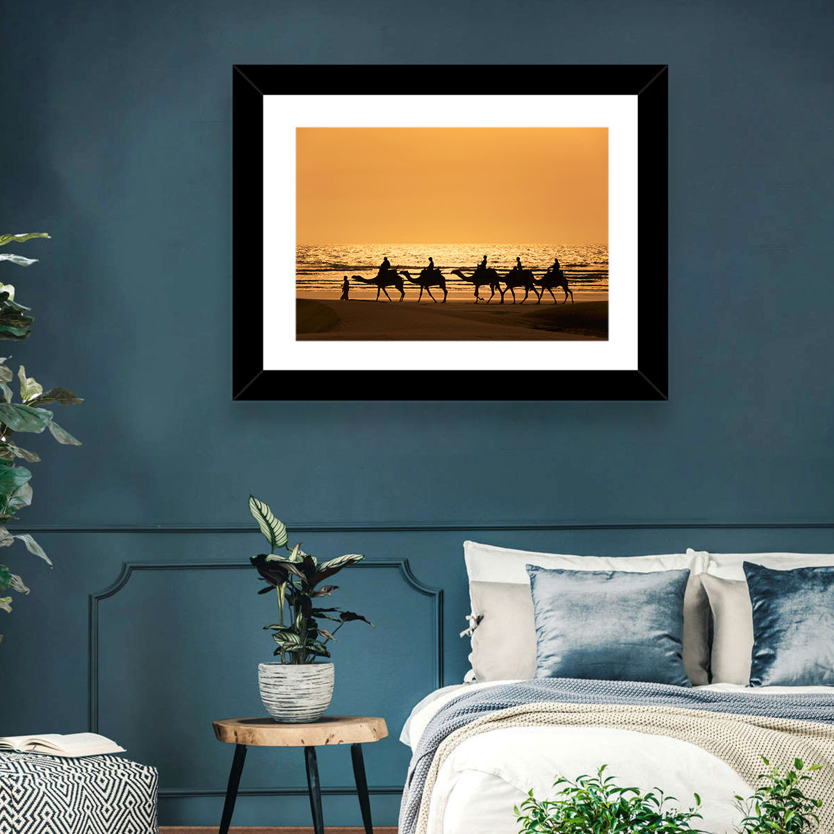 Camel Caravan Silhouette on Wet Sand Wall Art in a room, landscape