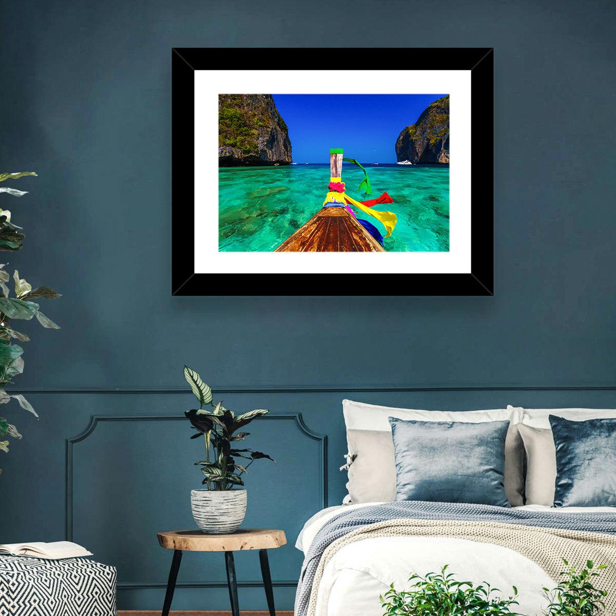 Maya Bay Long-tail Boat Wall Art in a room, landscape