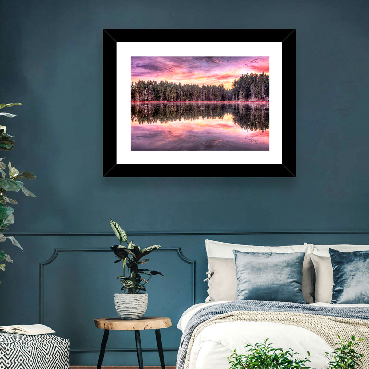 Sunrise Reflection at Forest Lake Wall Art in a room, landscape