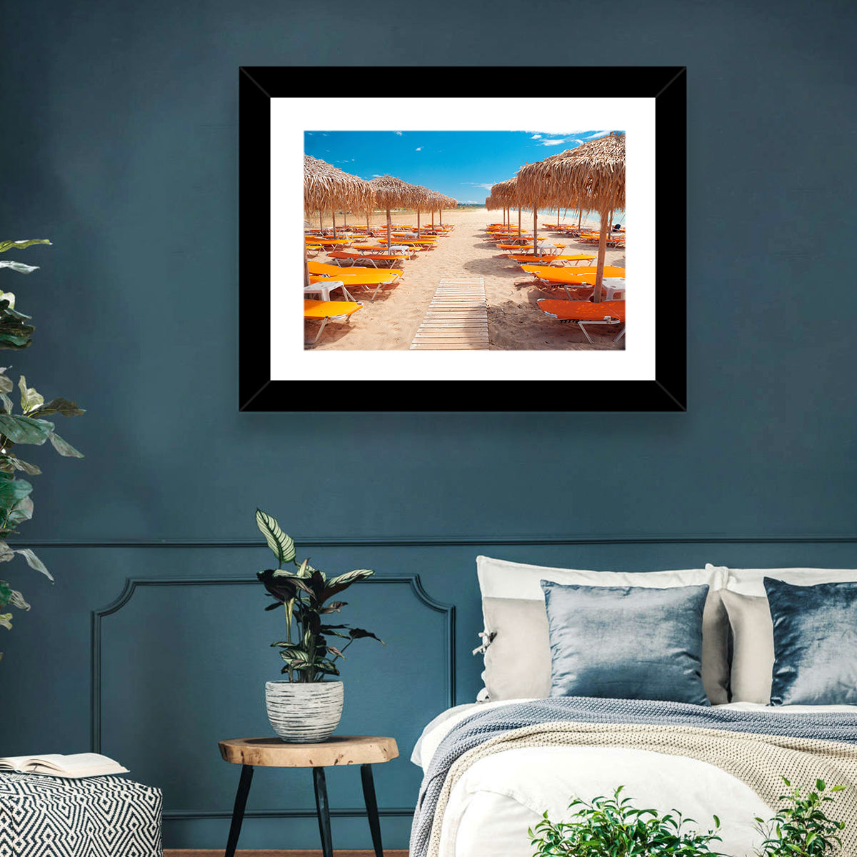 Beach Boardwalk with Orange Loungers Wall Art in a room, landscape