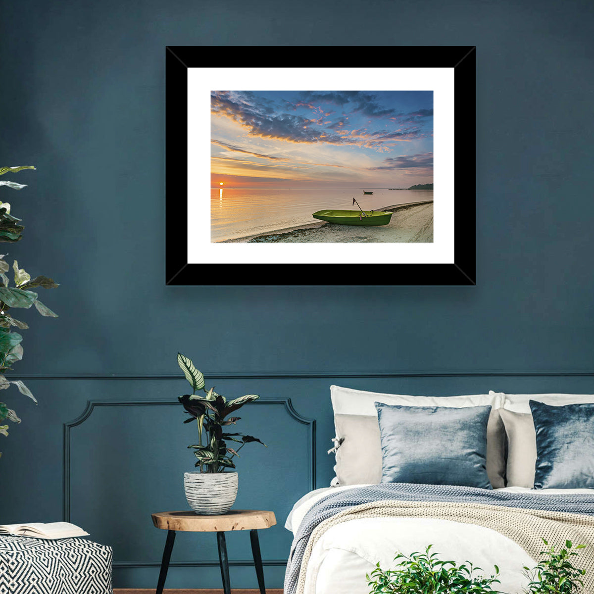 Green Rowboat at Sunrise Wall Art in a room, landscape