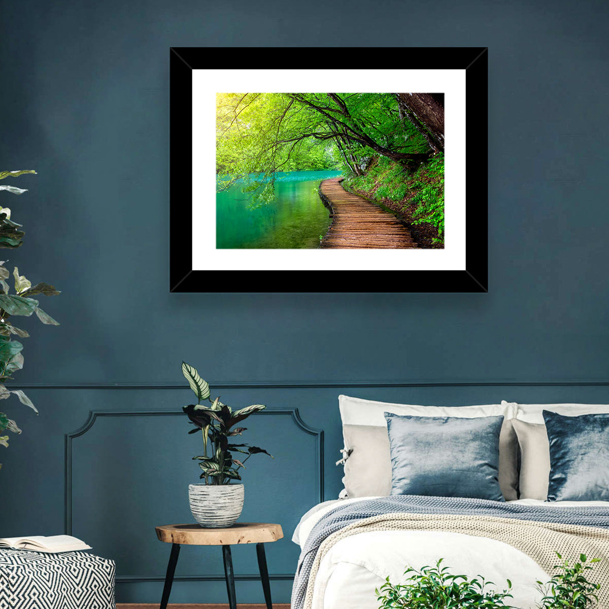 Plitvice Lakes Boardwalk Wall Art in a room, landscape