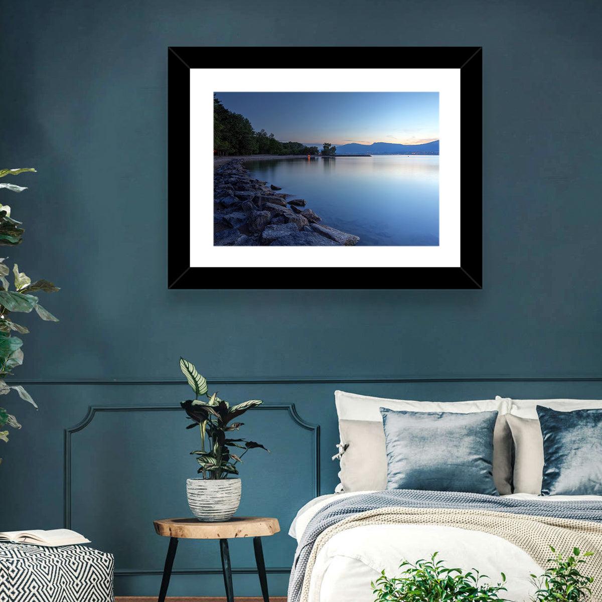 Lake Neuchatel Twilight Wall Art in a room, landscape
