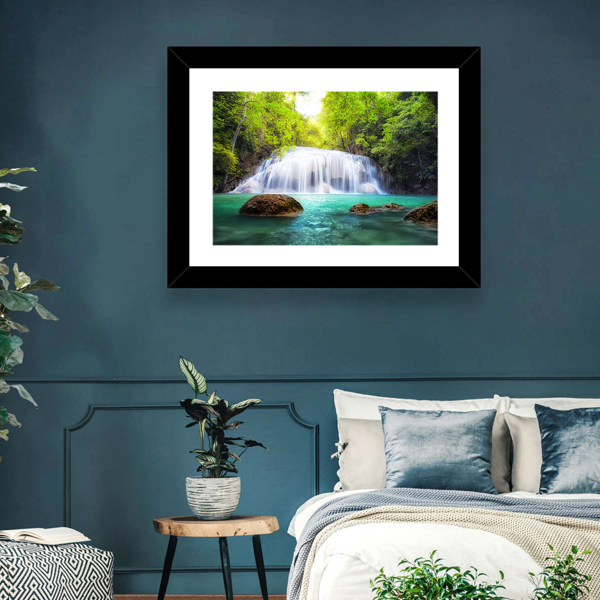 Erawan Falls Turquoise Waterfall Wall Art in a room, landscape