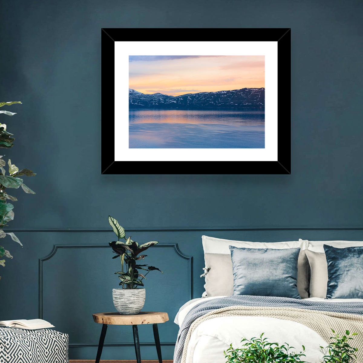 Lake Sevan Evening Reflection Wall Art in a room, landscape