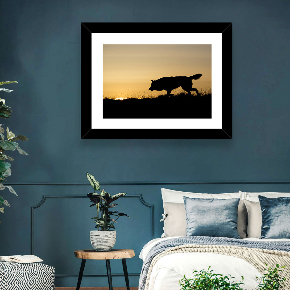Wolf at Golden Horizon Wall Art in a room, landscape