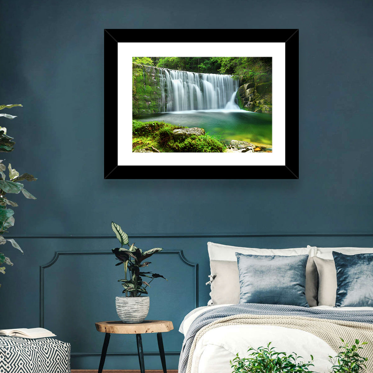 Emerald Forest Waterfall with Mossy Stones Wall Art