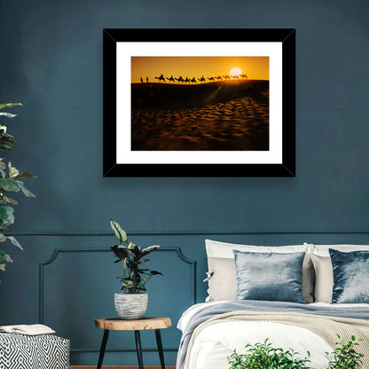 Camel Caravan Silhouette at Golden Sunset Wall Art