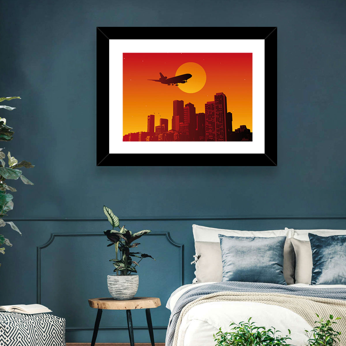 Tri Jet Sunset Skyline Wall Art in a room, landscape
