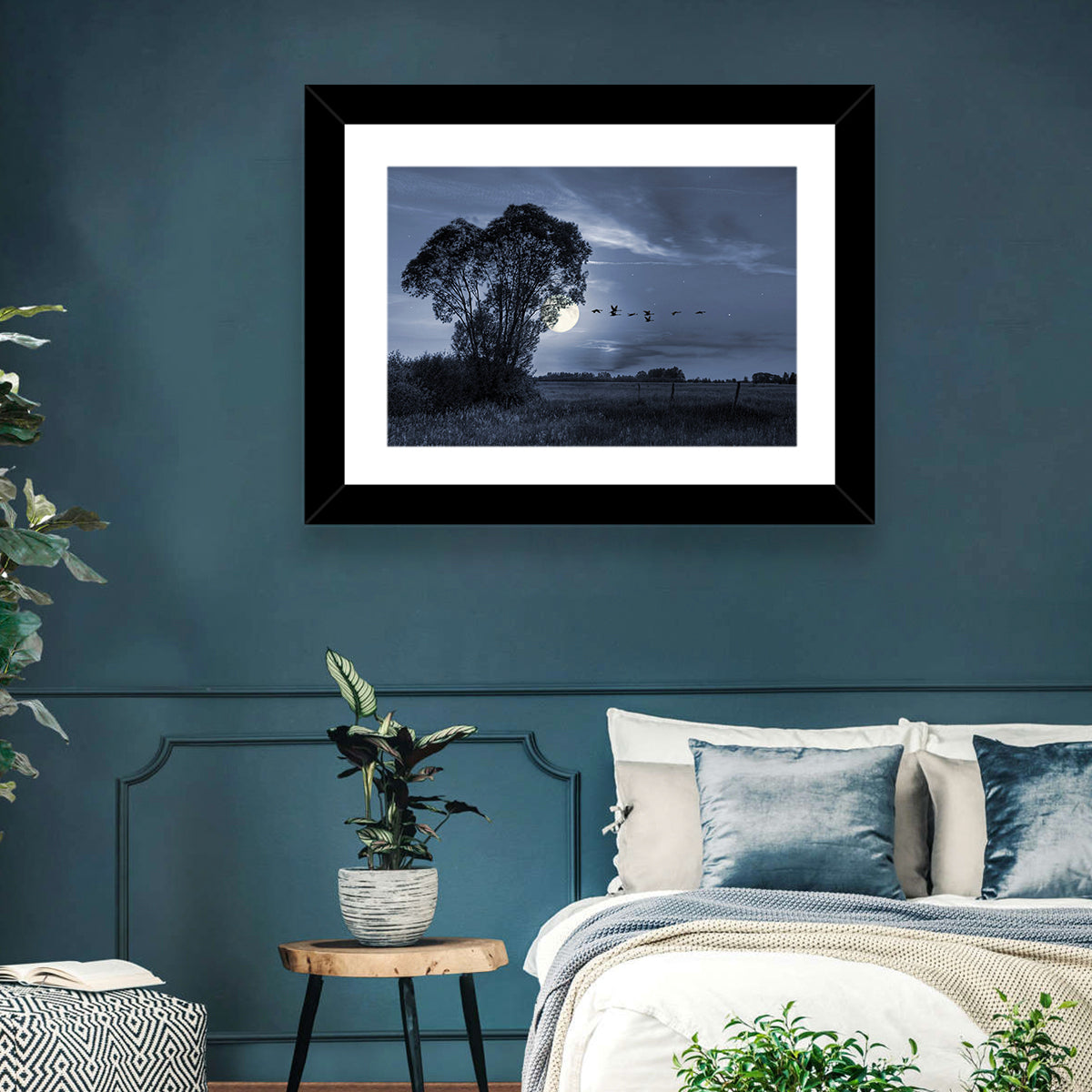 Moonlit Birds Over Quiet Field Wall Art