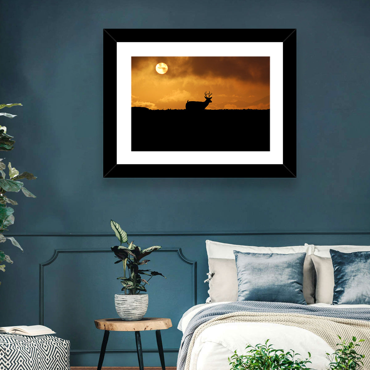 Deer at Sunset Wall Art in a room, landscape