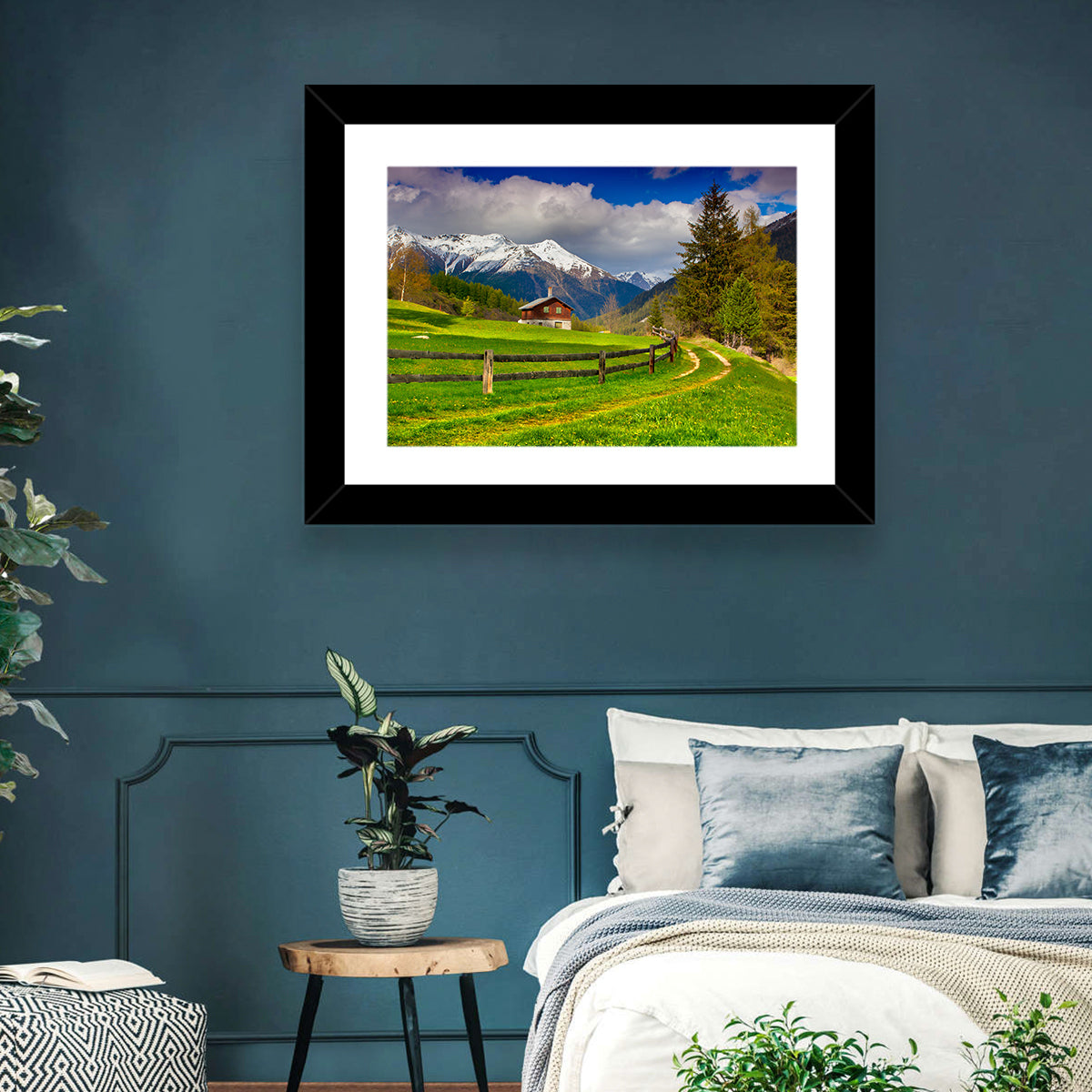 Alpine Meadow Cabin, Swiss Alps Wall Art in a room, landscape