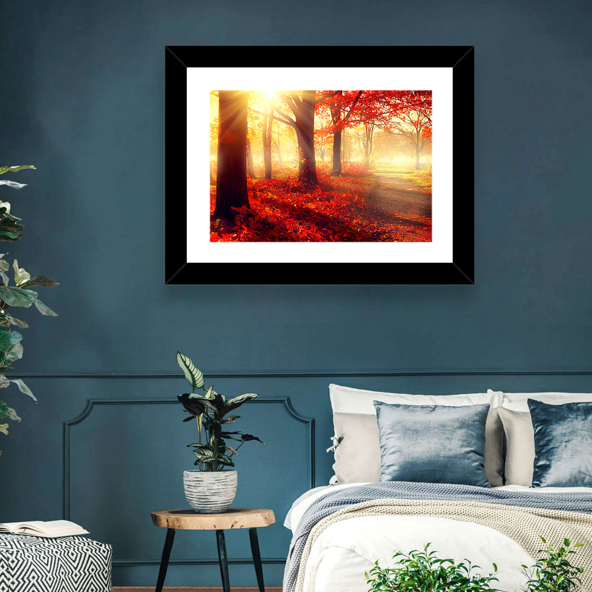Sunlit Forest Path Wall Art in a room, landscape