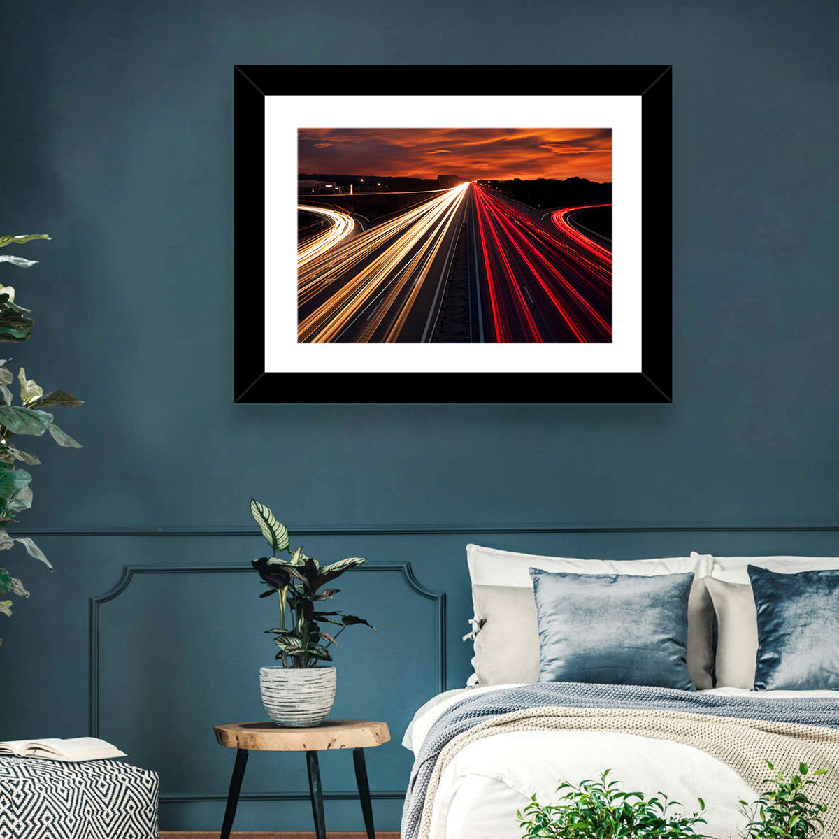 Sunset Highway Light Trails Wall Art in a room, landscape