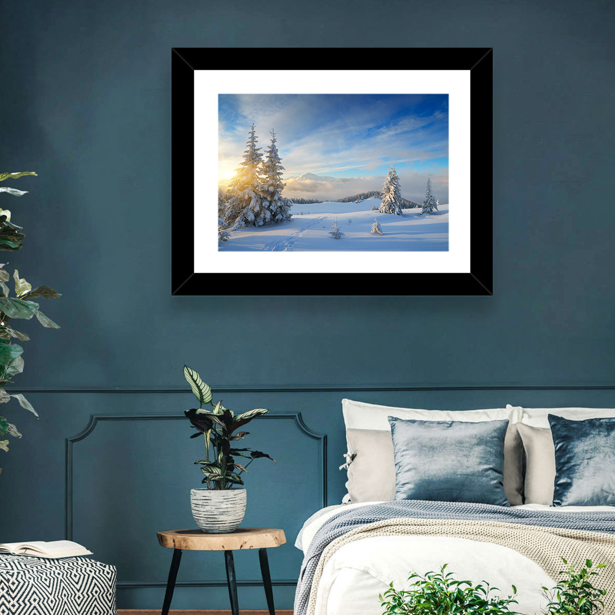 Carpathian Winter Sunrise Wall Art in a room, landscape