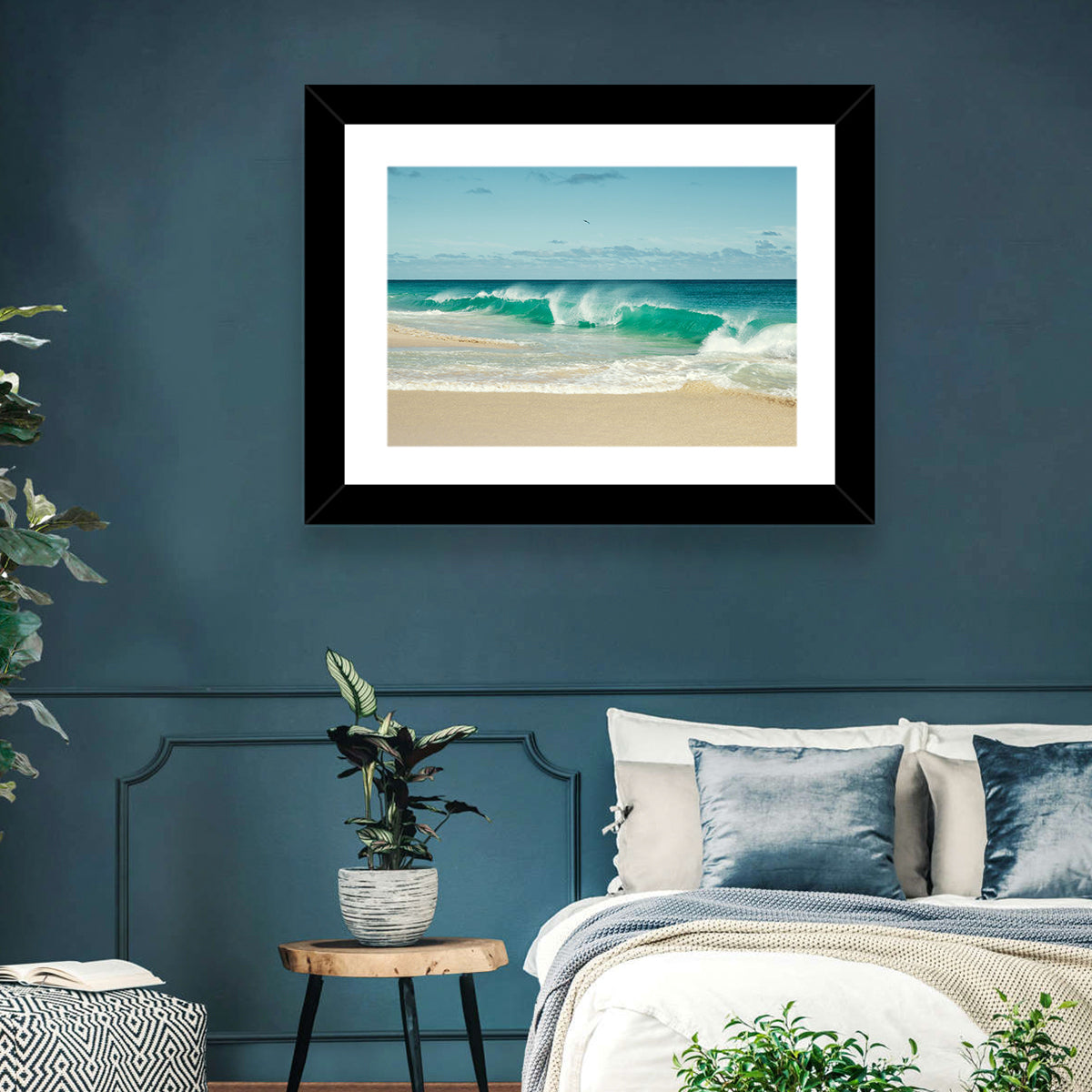 Turquoise Wave on Sandy Beach Wall Art in a room, landscape
