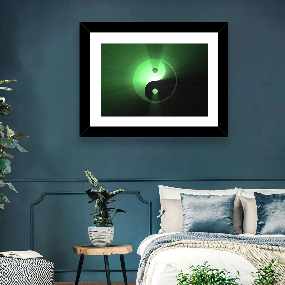 Green Glowing Yin Yang Wall Art in a room, landscape