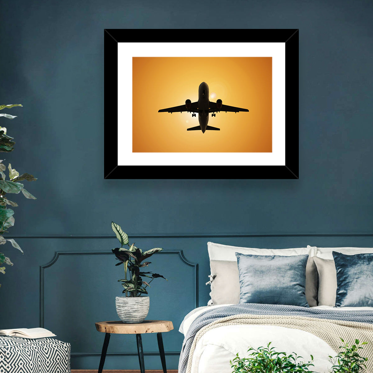Sunset Jet Silhouette Wall Art in a room, landscape