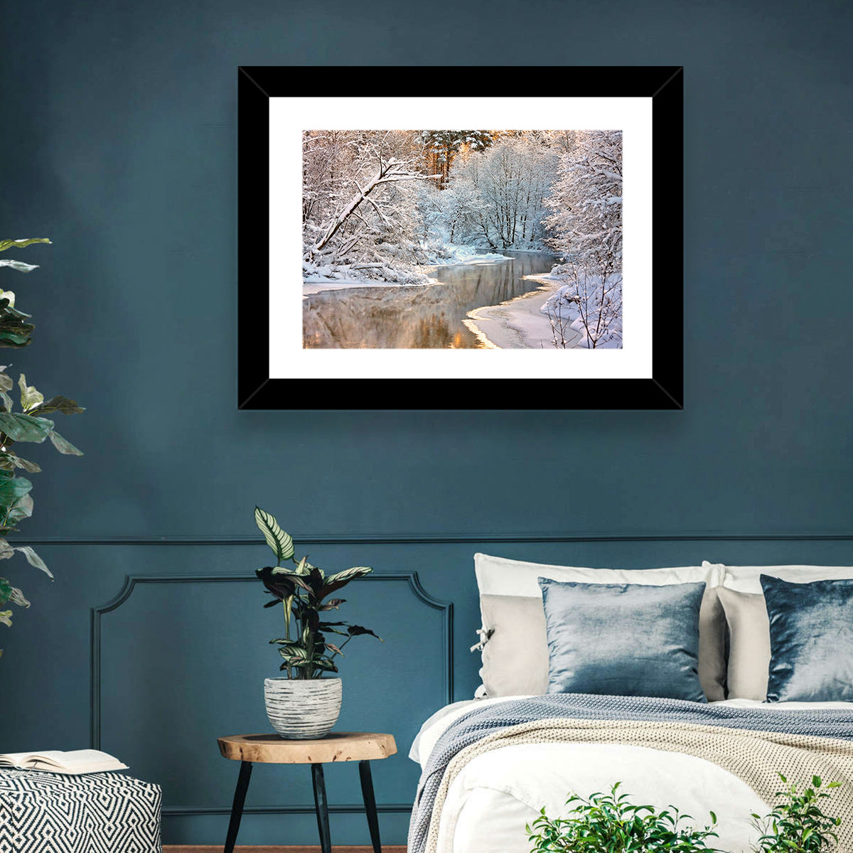 Snow-covered Stream at Golden Hour Wall Art in a room, landscape