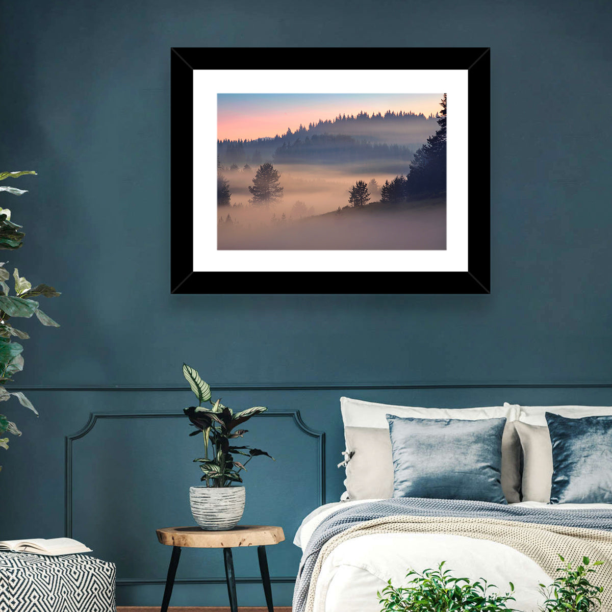 Misty Sunrise Forest Wall Art in a room, landscape