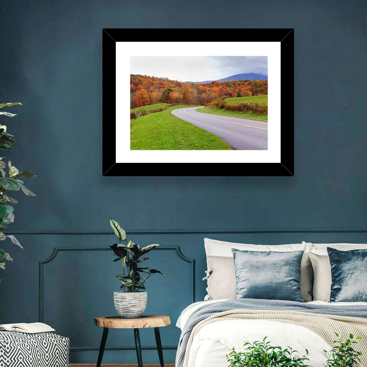 Curving Road Through Autumn Meadow Wall Art in a room, landscape