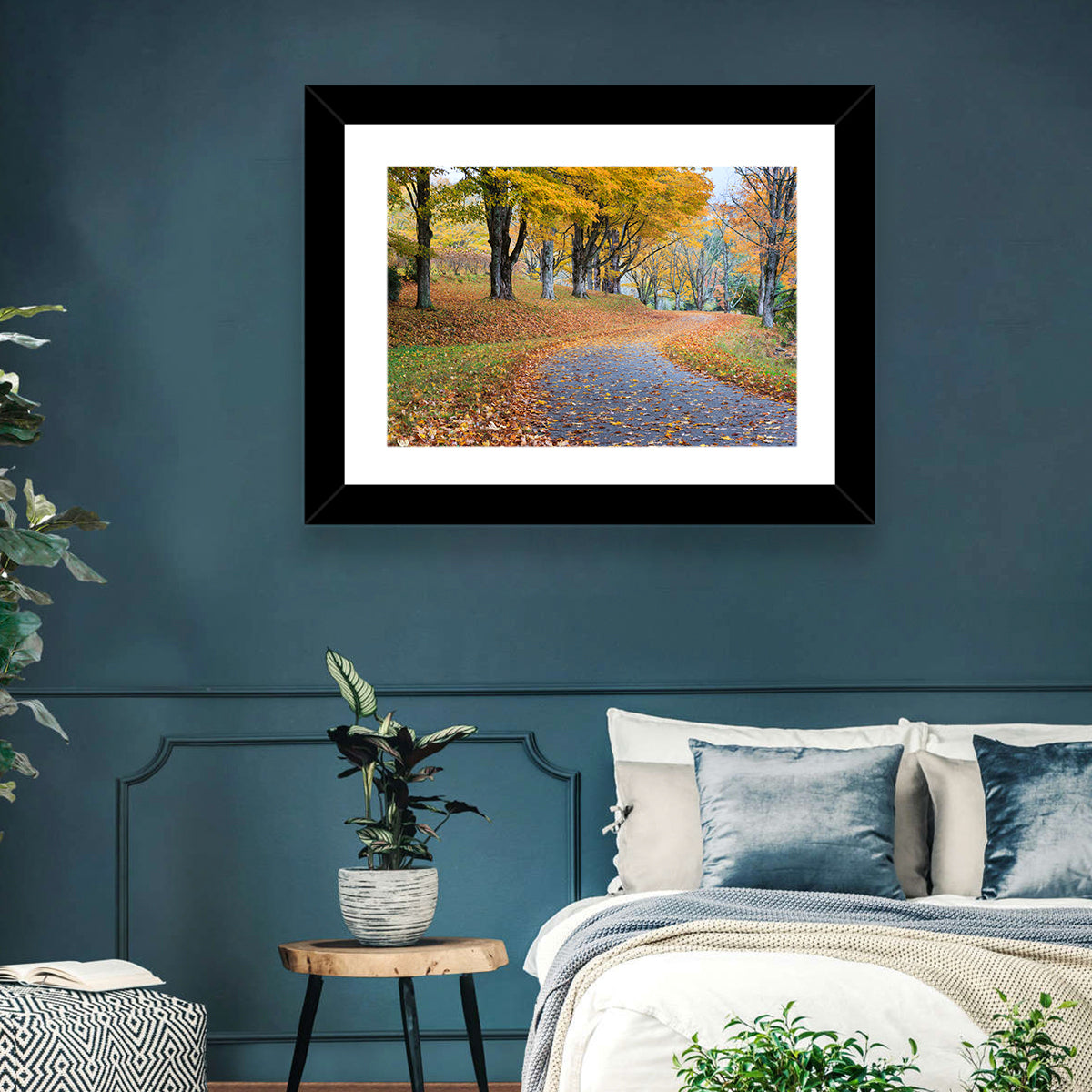Autumn Road with Golden Canopy Wall Art in a room, landscape