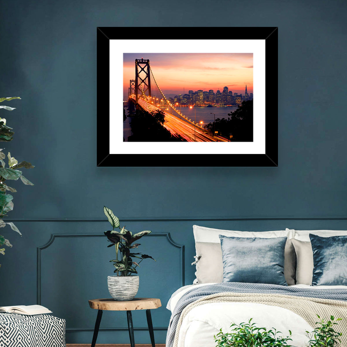 Bay Bridge Light Trails at Sunset Wall Art in a room, landscape