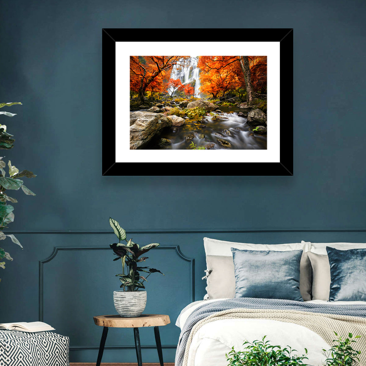 Autumn Forest Waterfall Wall Art in a room, landscape