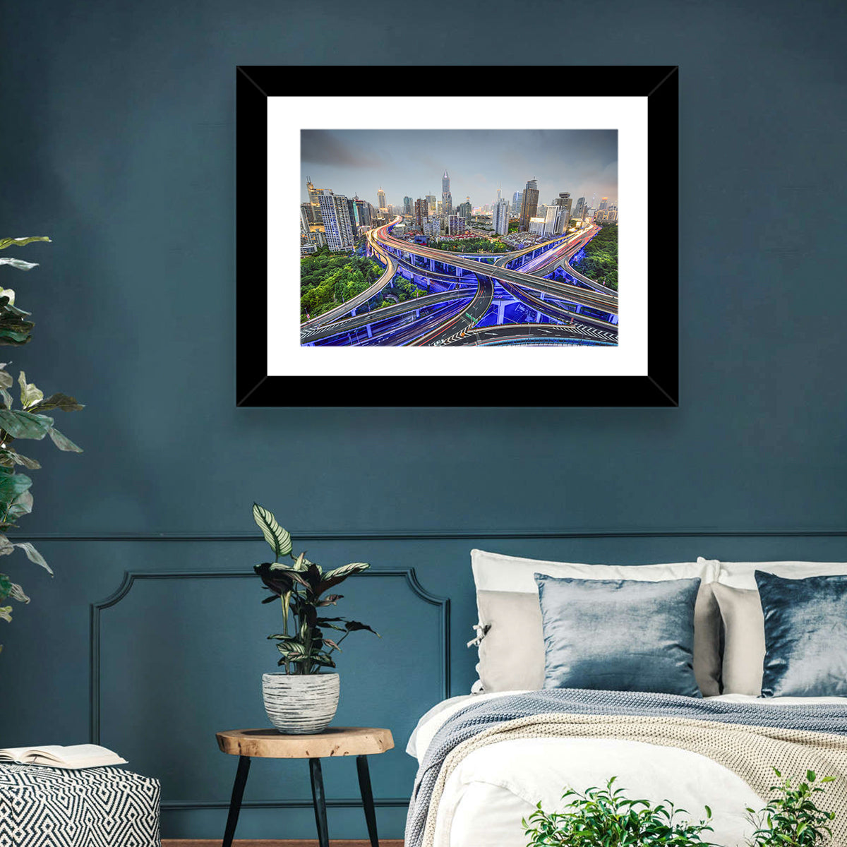 Shanghai Dusk Interchange Cityscape Wall Art in a room, landscape