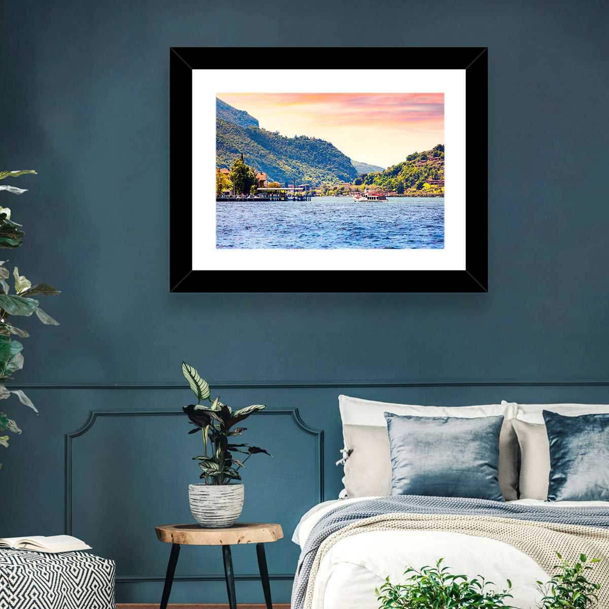 Lake Iseo Morning Harbor Wall Art in a room, landscape