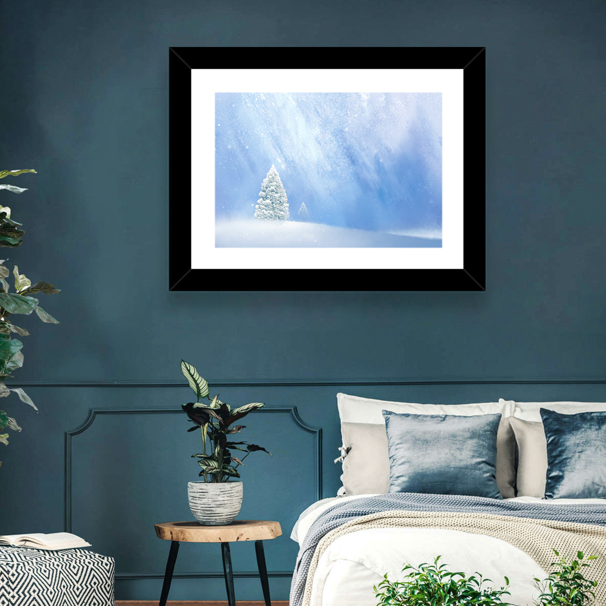 Two Snowy Evergreens Wall Art in a room, landscape