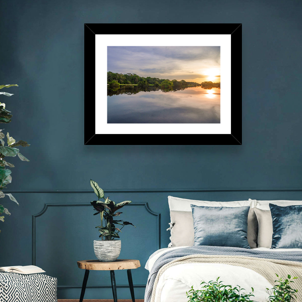 Amazon River Sunset Reflection Wall Art in a room, landscape